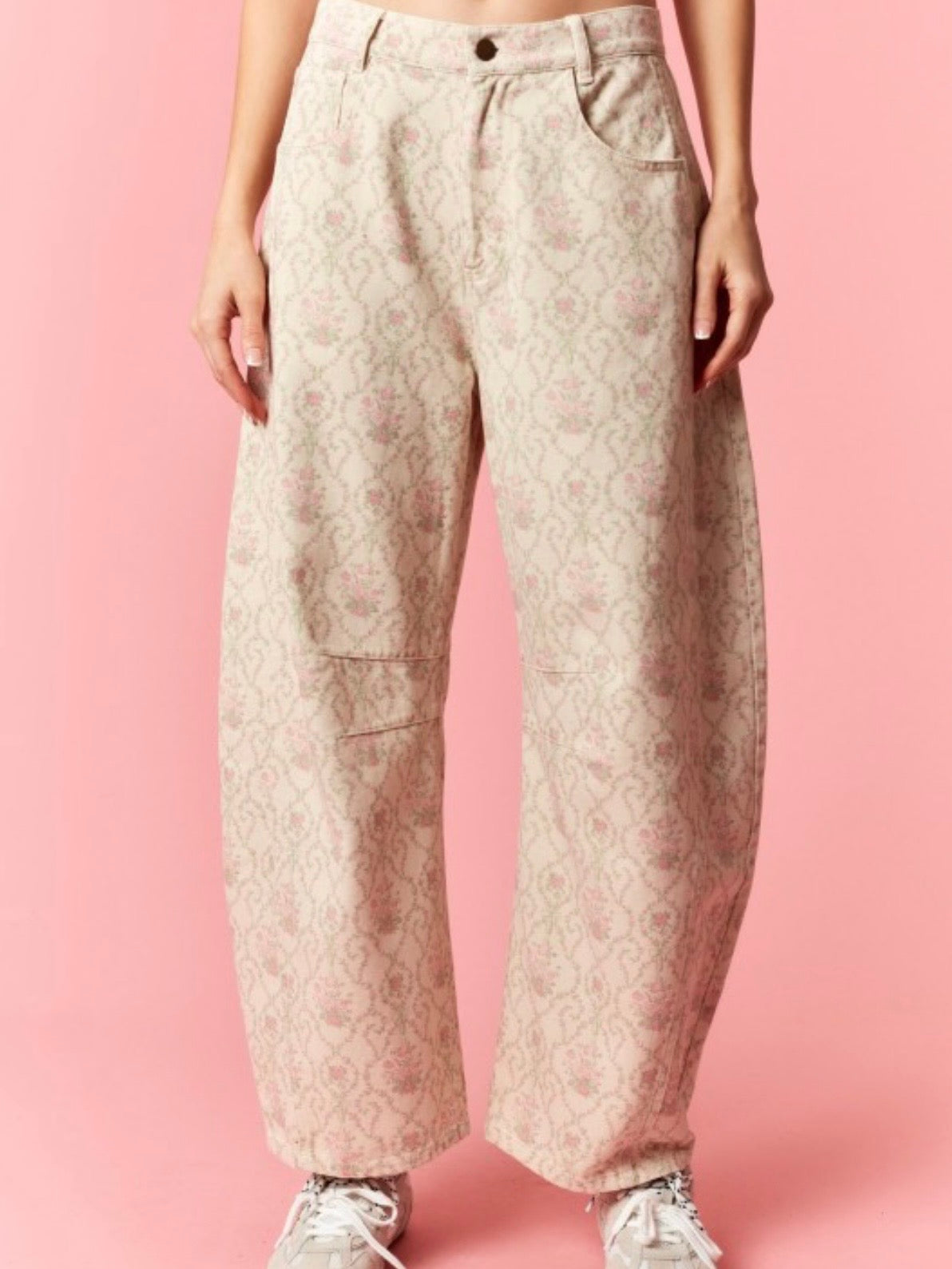 Barroque beige floral printed barrel jeans pants