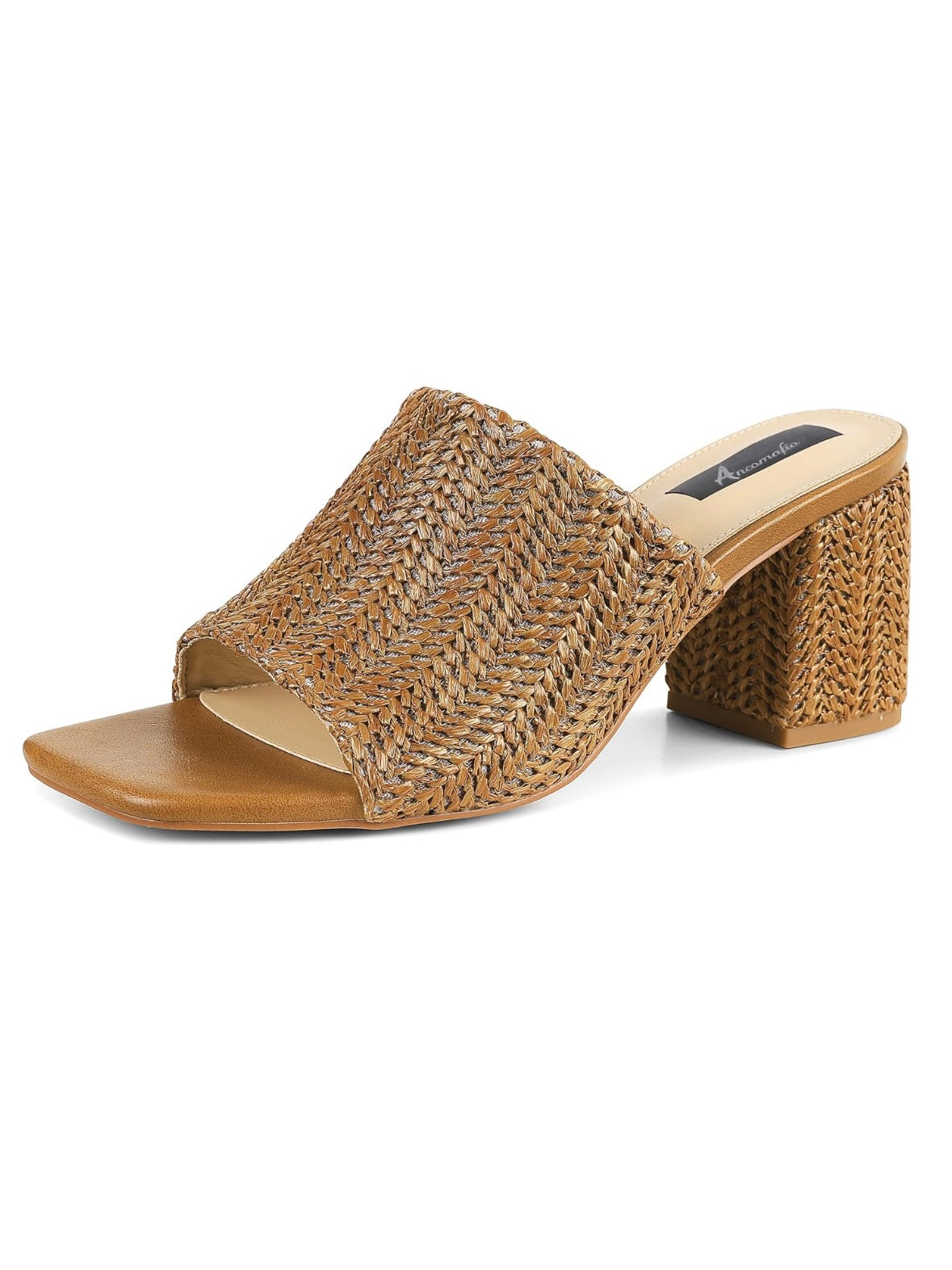 Brown high block heels slip on sandals
