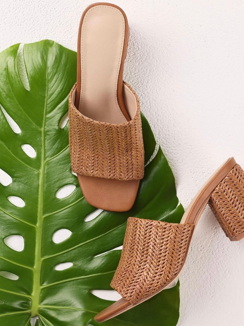 Brown high block heels slip on sandals