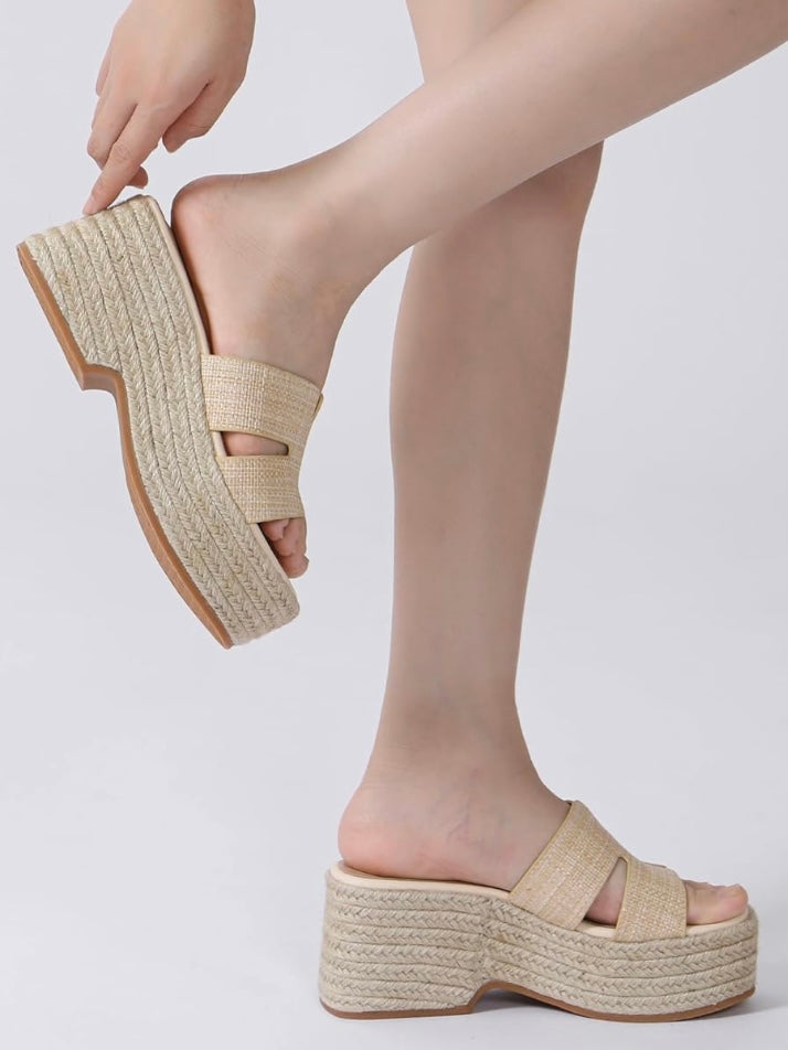Natural beige high heels slip on sandals platform