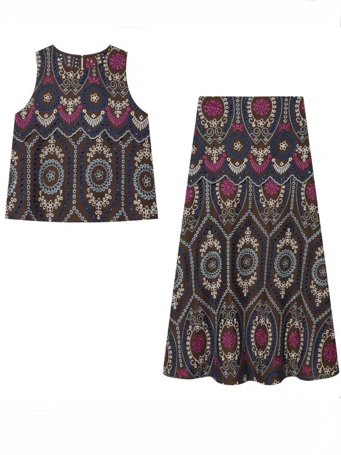 Brown, beige and blue Eyelet Lace 2-Piece Set – Top & Midi Skirt