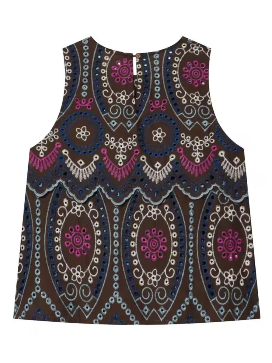 Brown, beige and blue Eyelet Lace 2-Piece Set – Top & Midi Skirt