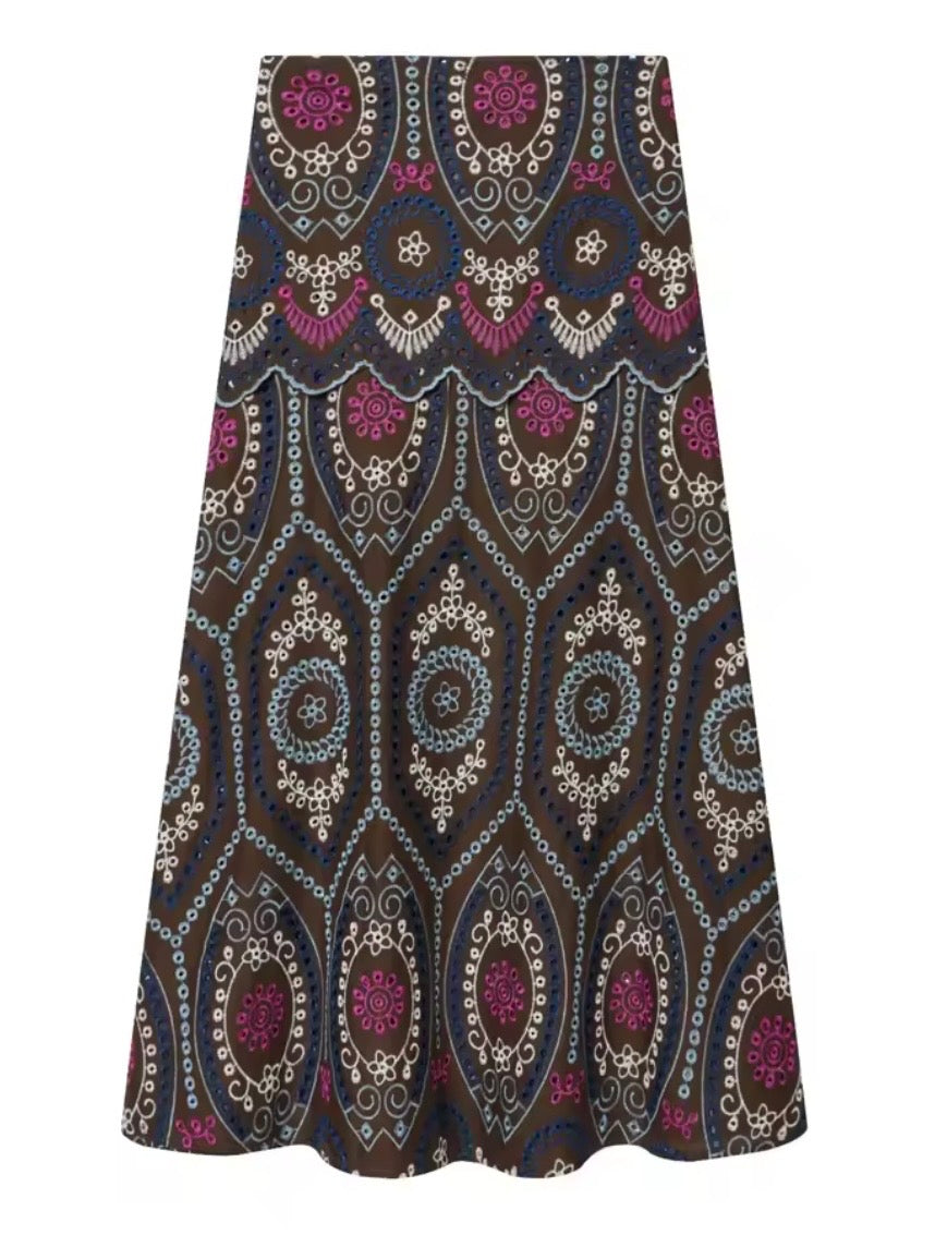 Brown, beige and blue Eyelet Lace 2-Piece Set – Top & Midi Skirt