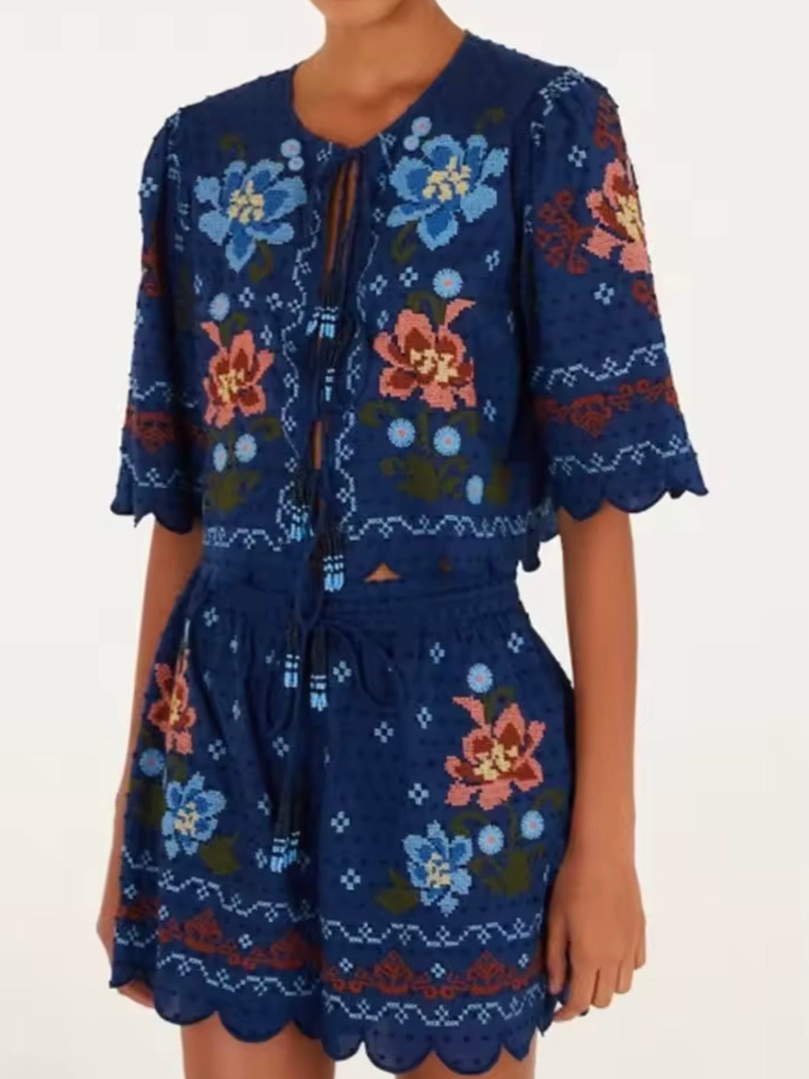 Blue floral embroidered set of 2 shirt and shorts pants