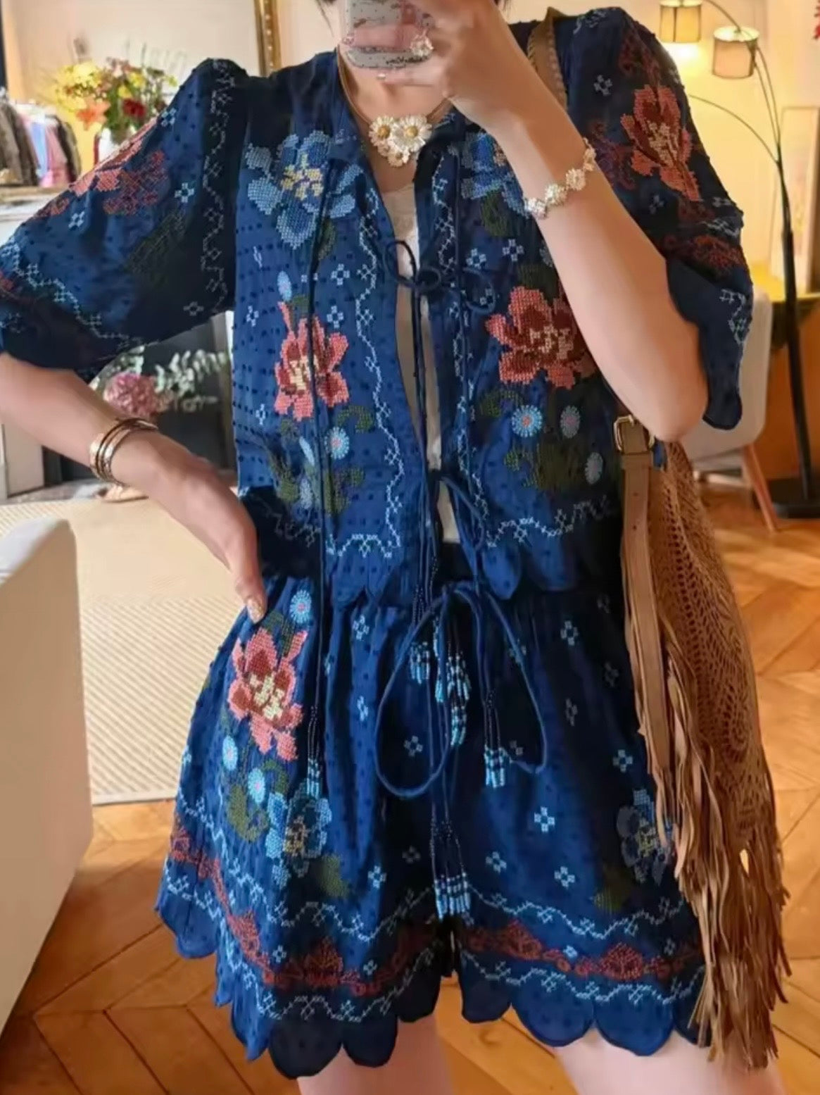 Blue floral embroidered set of 2 shirt and shorts pants