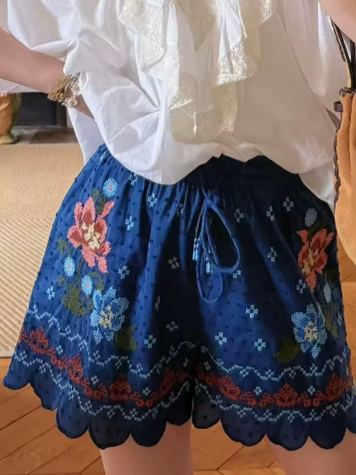 Blue floral embroidered set of 2 shirt and shorts pants