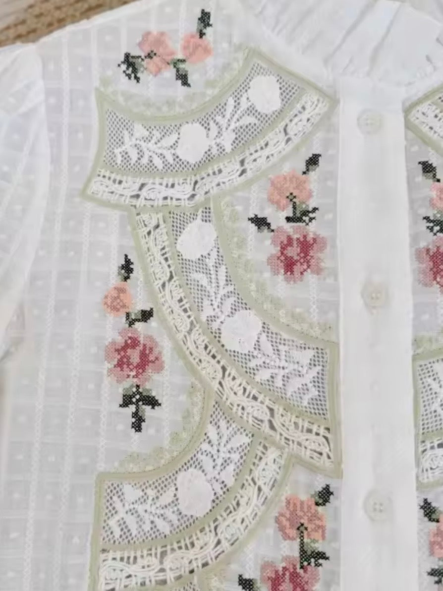 White floral embroidered long sleeves shirt