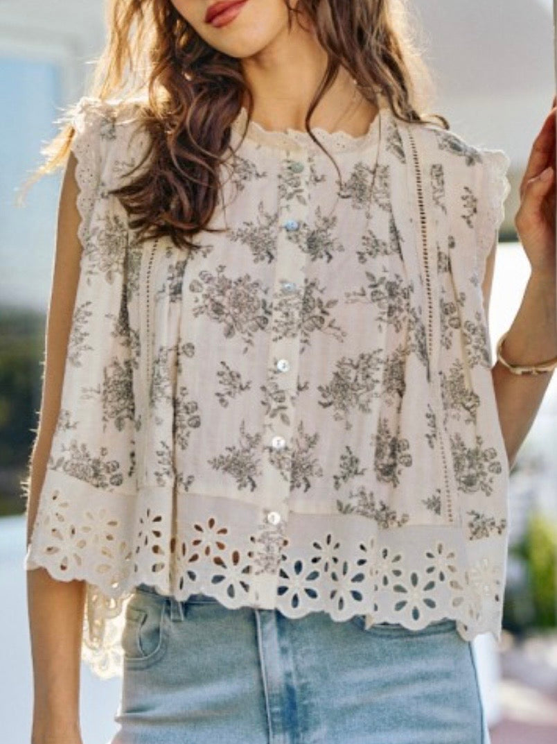 Beige with black floral details cutout top