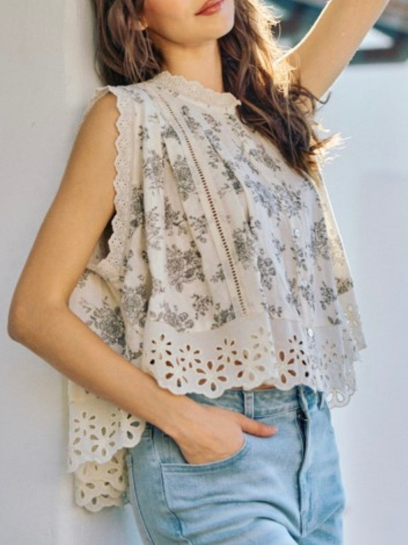 Beige with black floral details cutout top