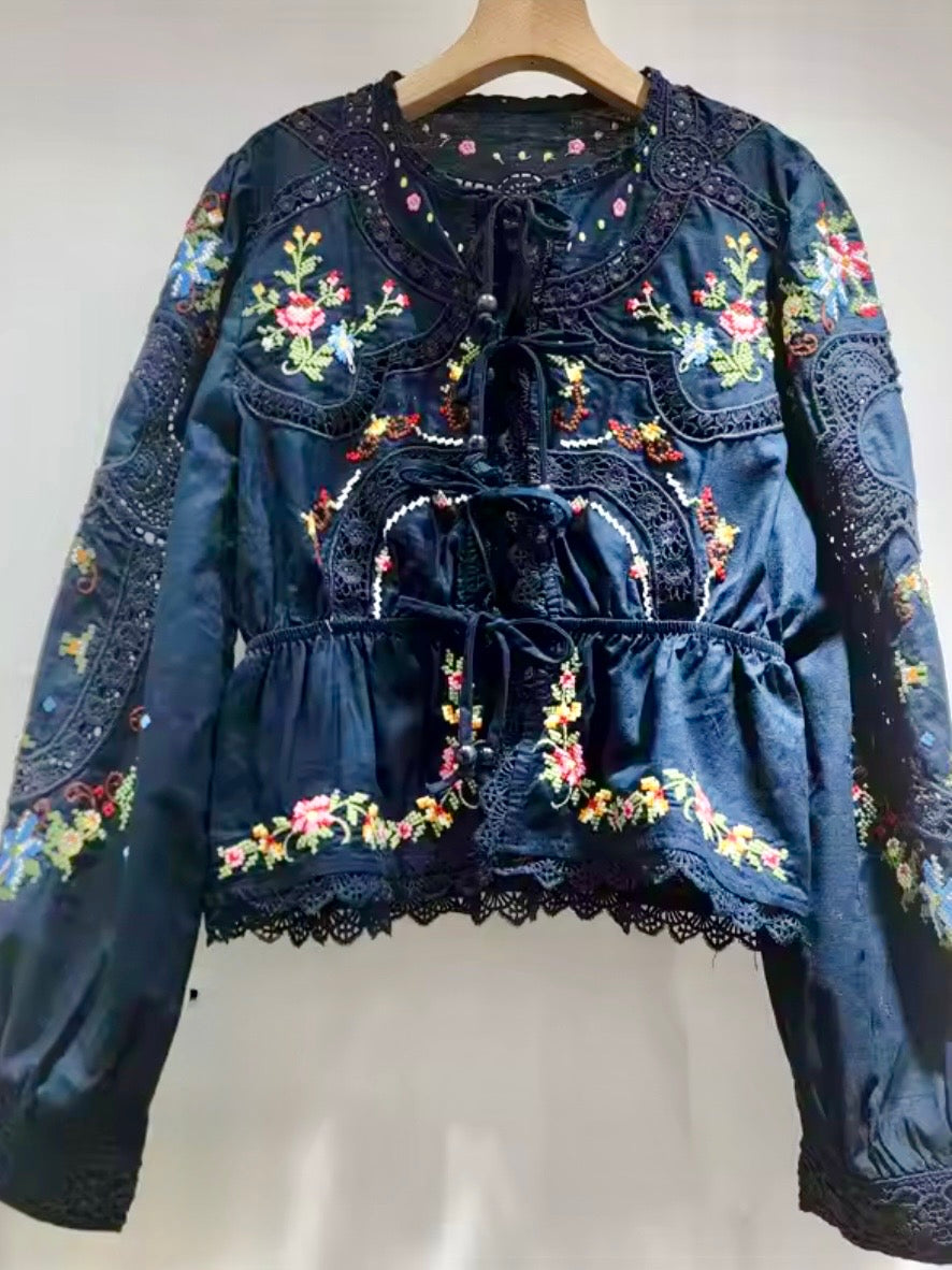 Blue, Burgundy and white embroidered floral bomber short sleeves shirt (Copy)