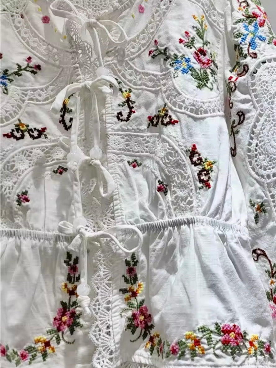 Blue, Burgundy and white embroidered floral bomber short sleeves shirt (Copy)
