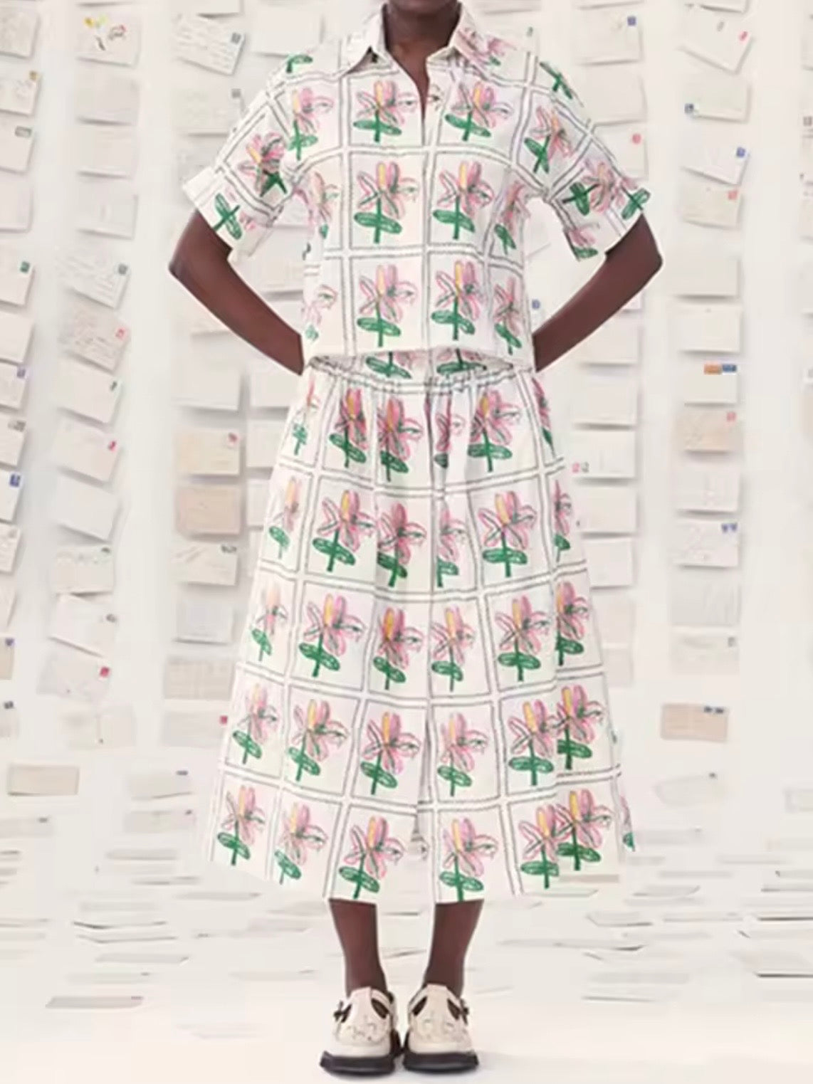 White floral printed and embroidered set of 2 top and skirt