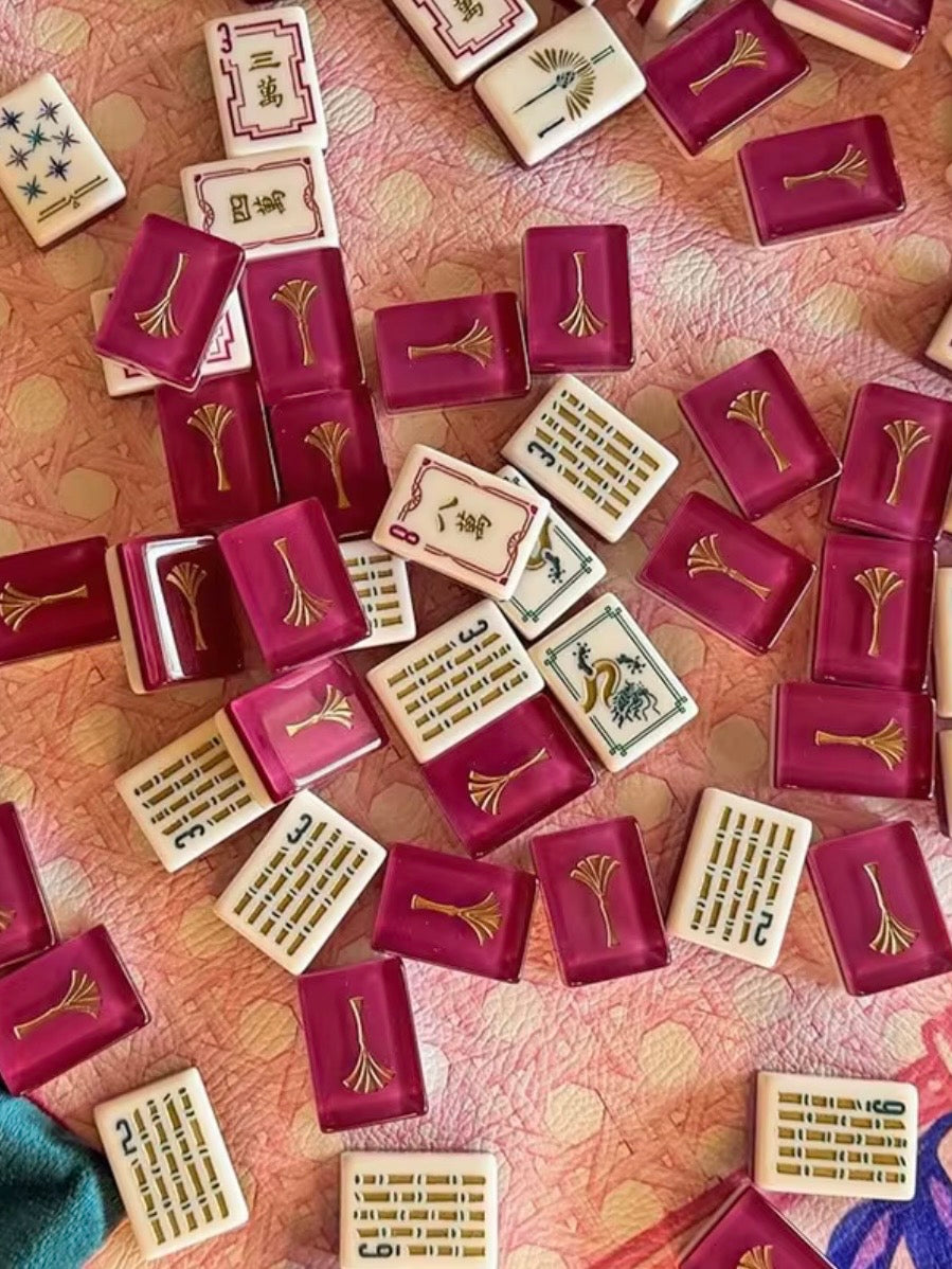 Burgundy and dark green, lions and dragons Mahjong tiles set