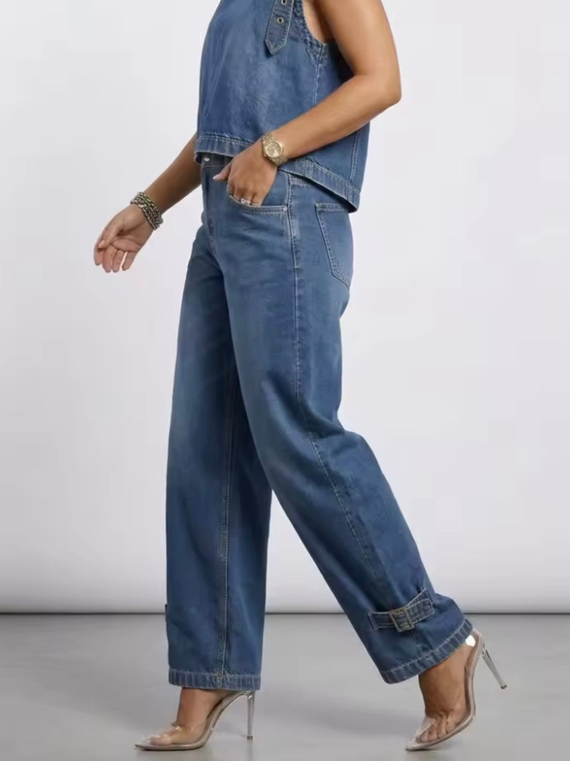 Blue jeans with gold metallic detailing sleeveless top and pants set