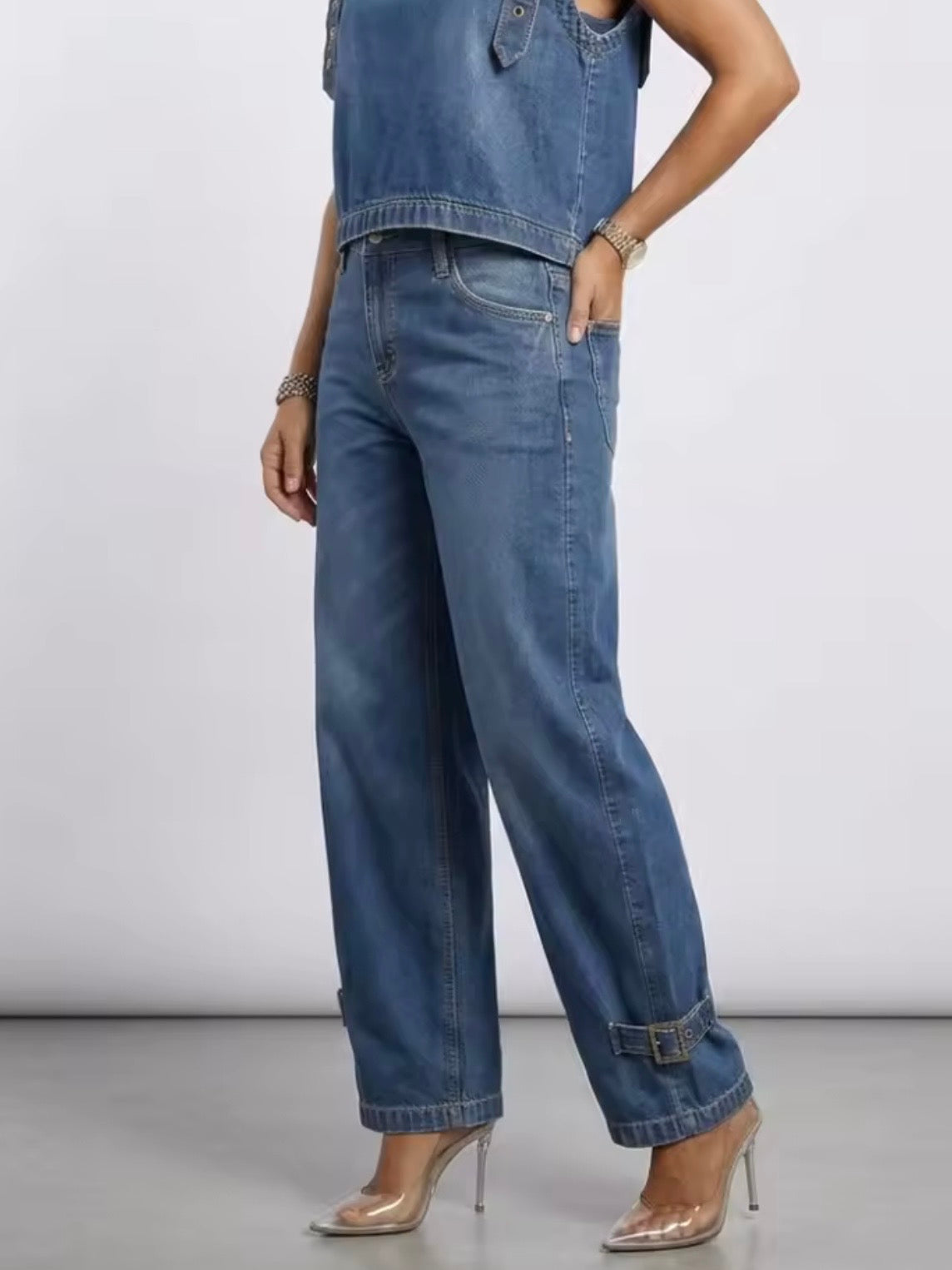 Blue jeans with gold metallic detailing sleeveless top and pants set