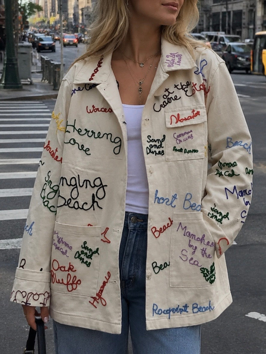 Natural and blue letters embroidered open front jacket