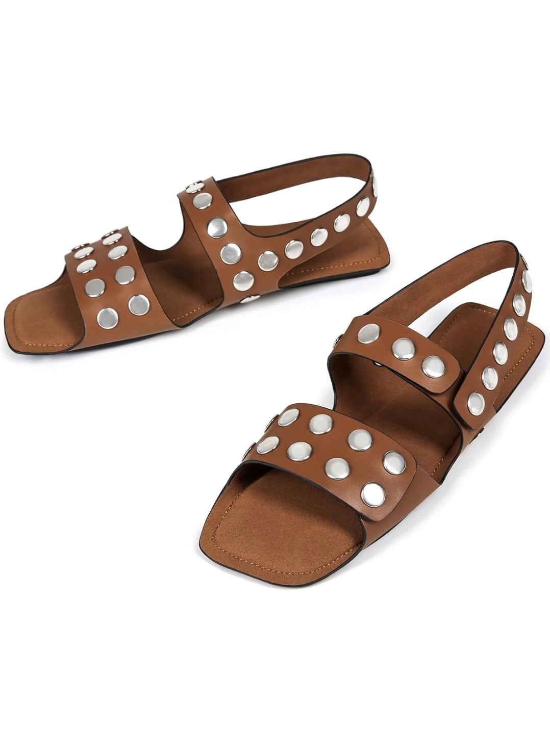 Brown flat square shape sandals studded details