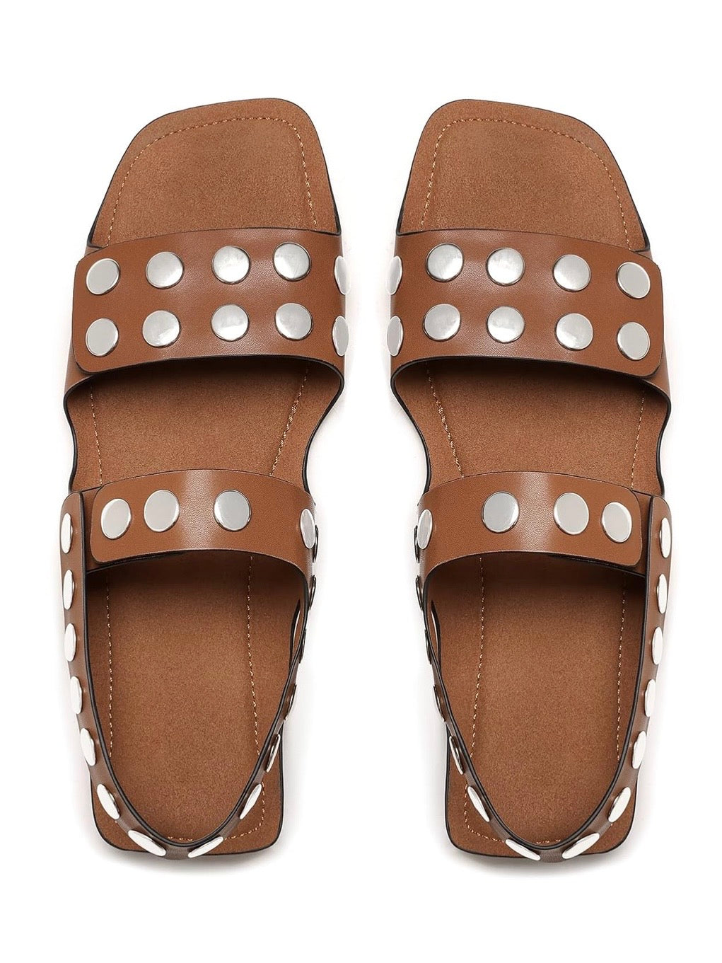 Brown flat square shape sandals studded details