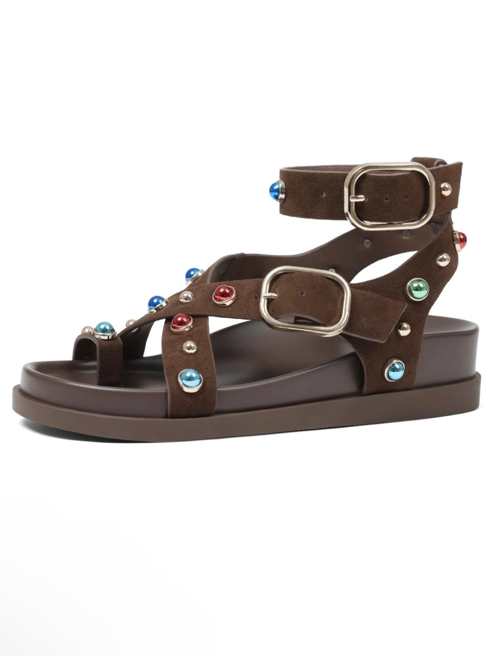 Dark Brown Roman gladiator suede stones sandals