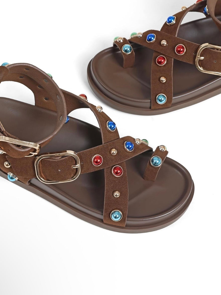 Dark Brown Roman gladiator suede stones sandals