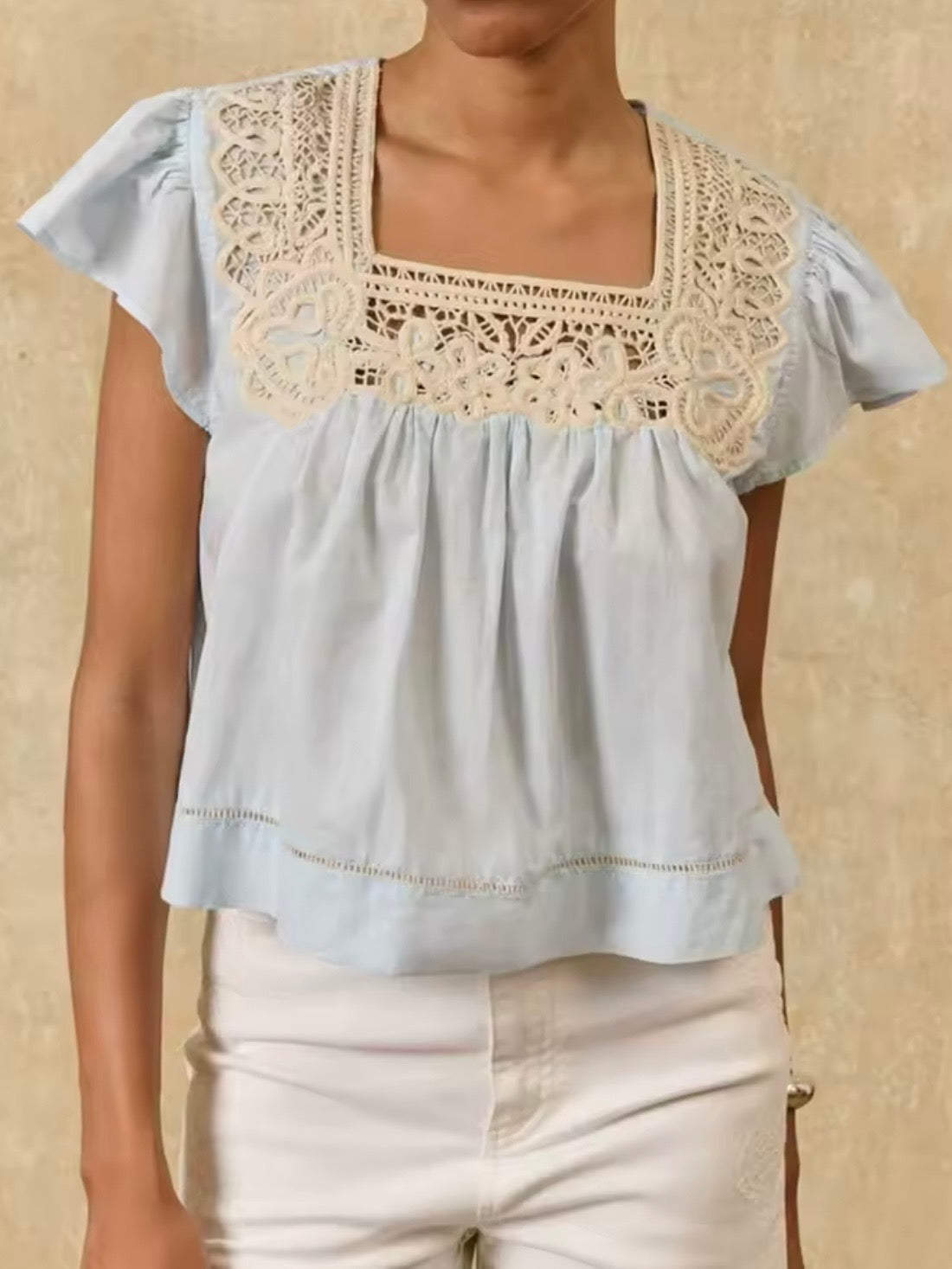 Light blue and beige crochet sleeveless crop top