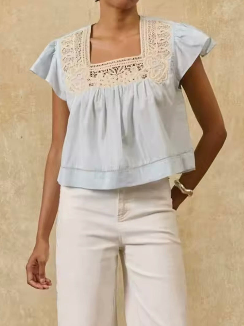 Light blue and beige crochet sleeveless crop top