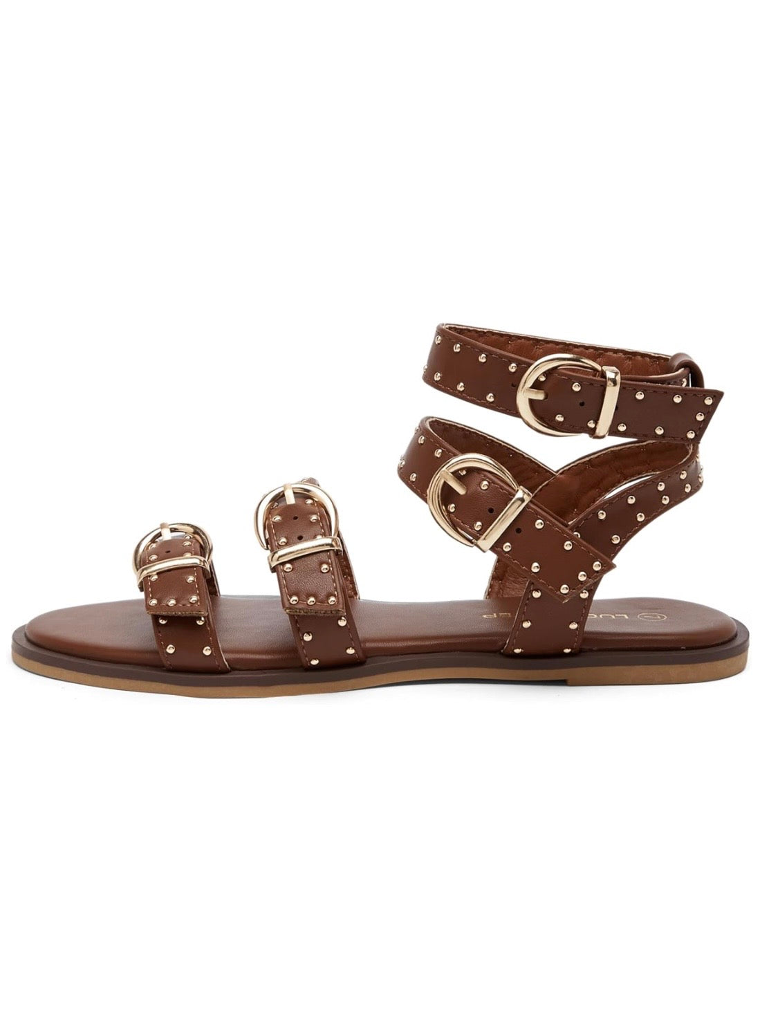 Brown Roman gladiator gold studded sandals