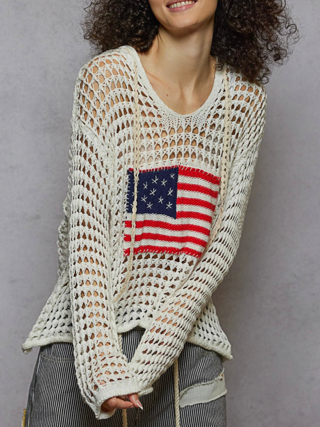 Beige and white American flag hooded knitted light sweater