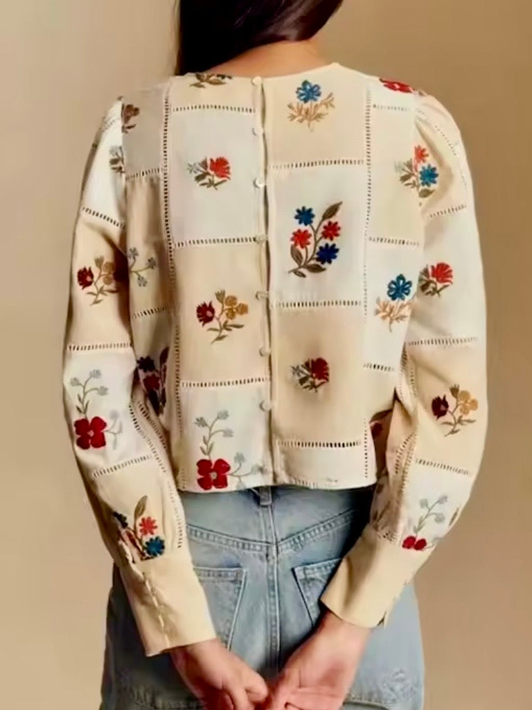 White and Beige squared fabric floral embroidered details long sleeves shirt