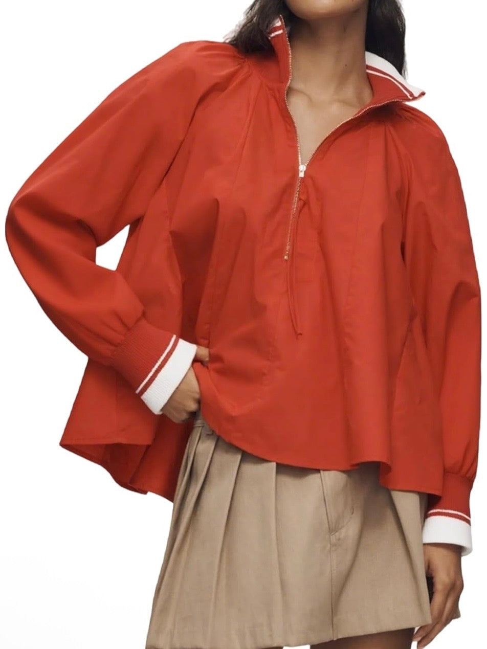 Orange solid color, zipper neckline long sleeves top