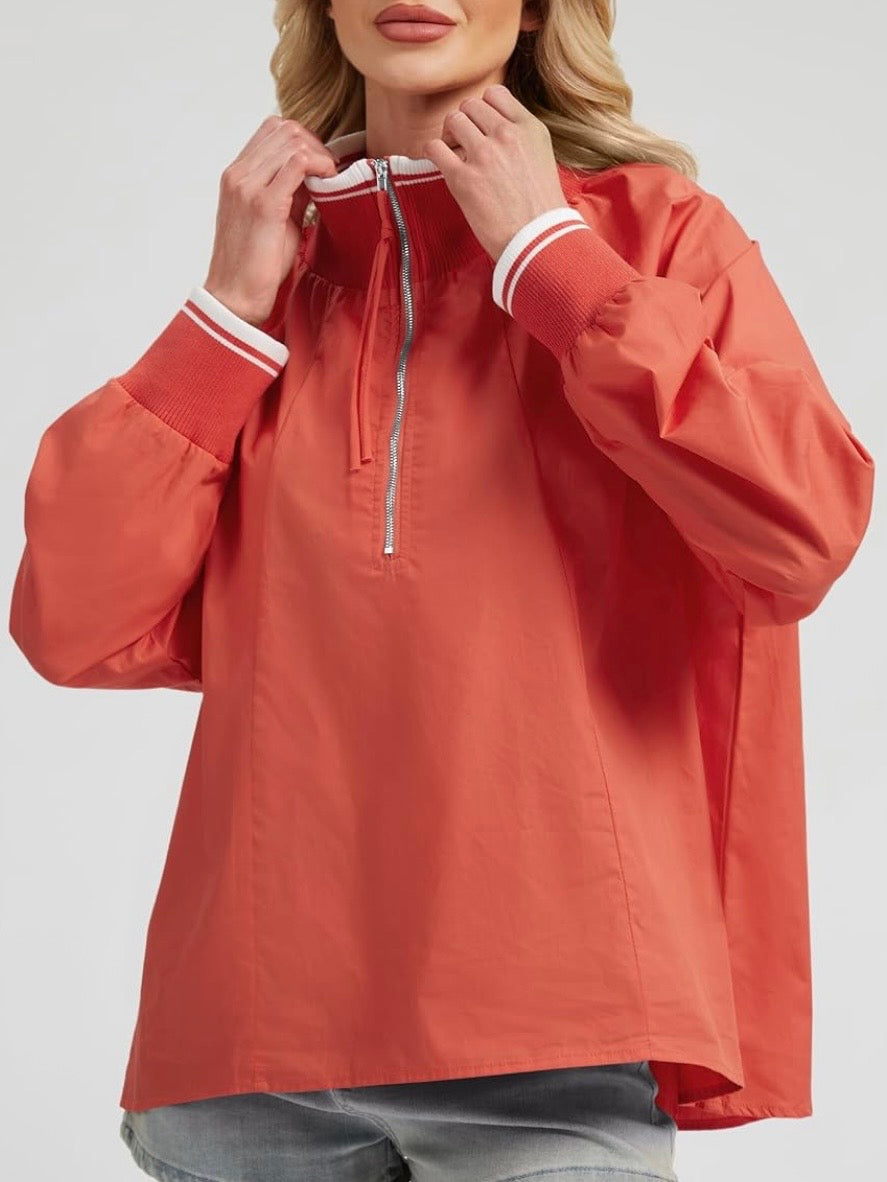 Orange solid color, zipper neckline long sleeves top