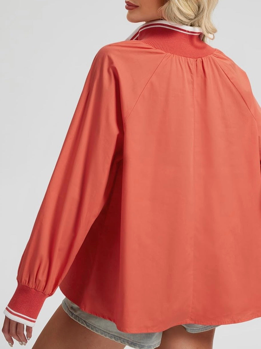 Orange solid color, zipper neckline long sleeves top