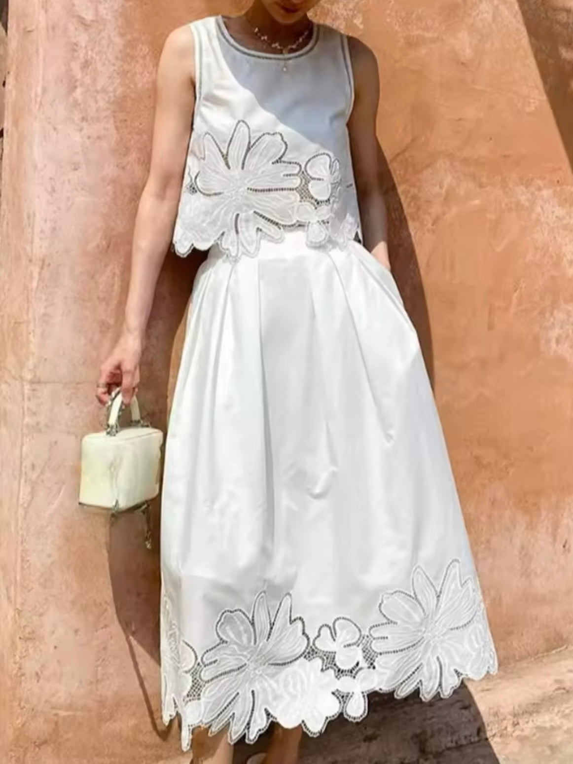 White floral lace set of 2 top and midi skirt