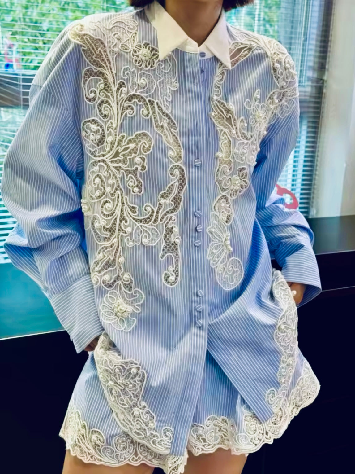 White and light blue striped floral lace set of 2 shirt and shorts pants