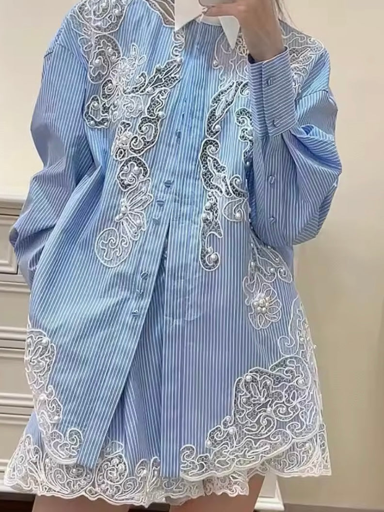 White and light blue striped floral lace set of 2 shirt and shorts pants