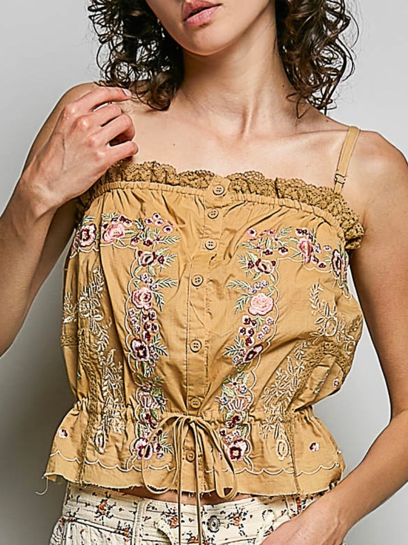 Sand clay floral lace tank top