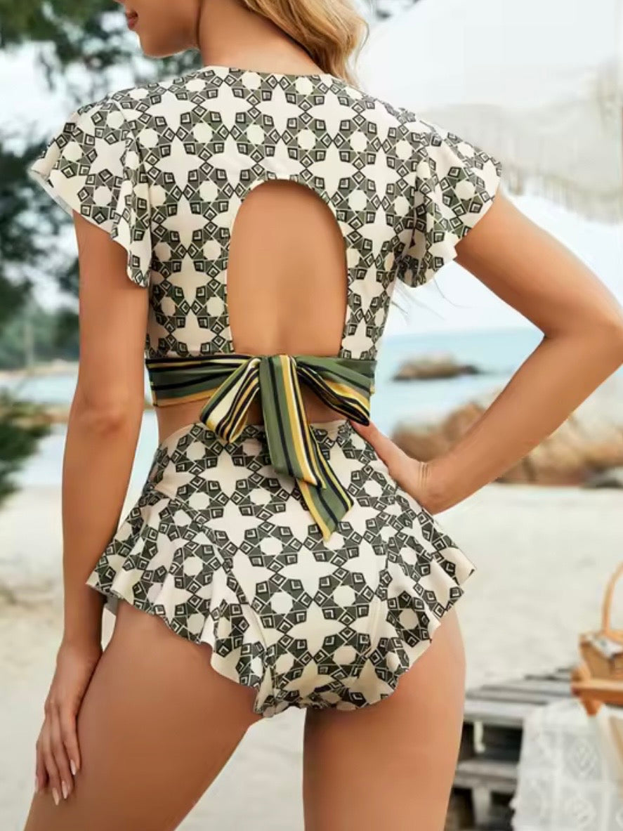 Beige and green pattern V-neck high waisted top / bottom bikini