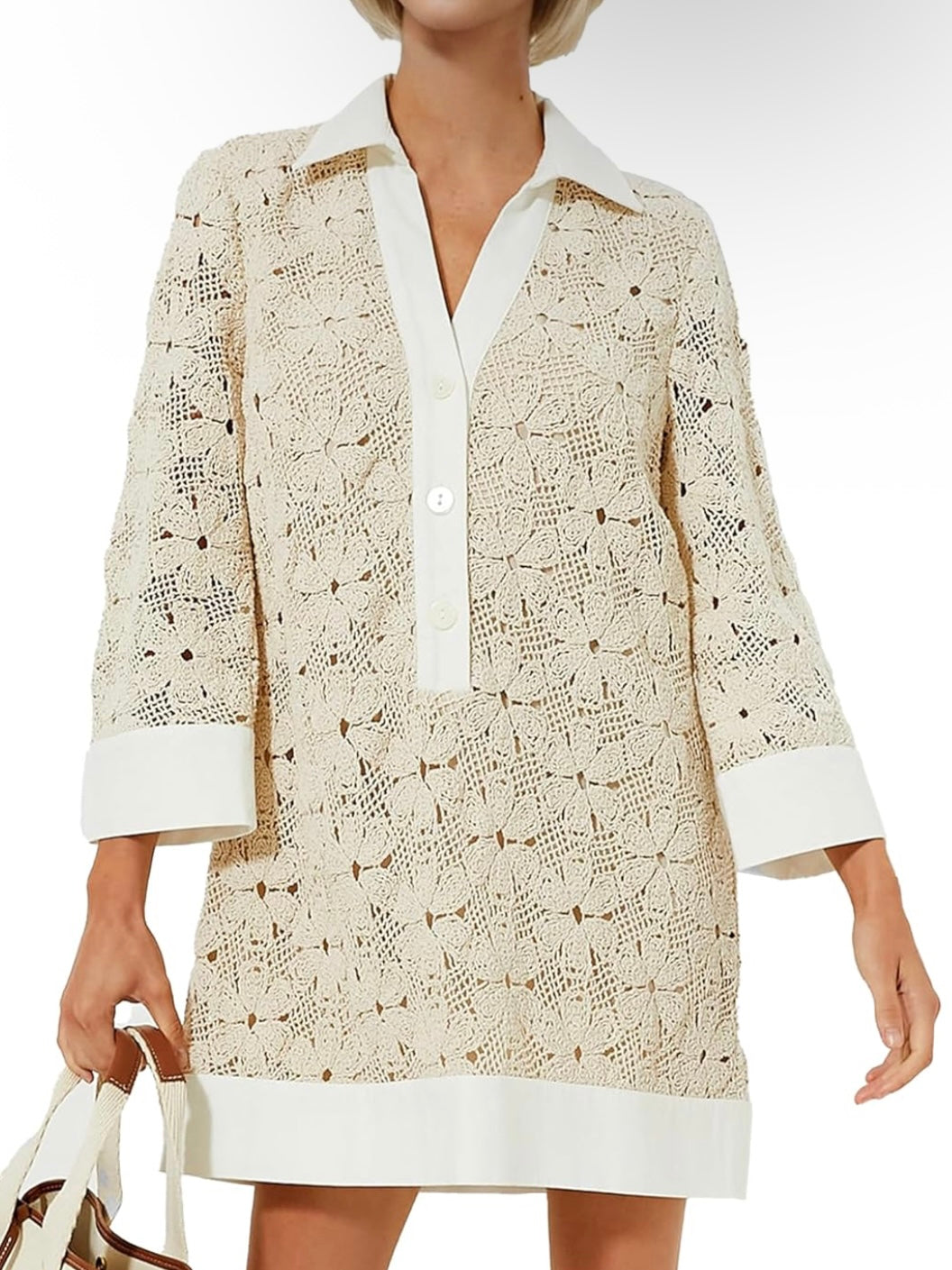 Beige and white knitted crochet long sleeves short mini dress