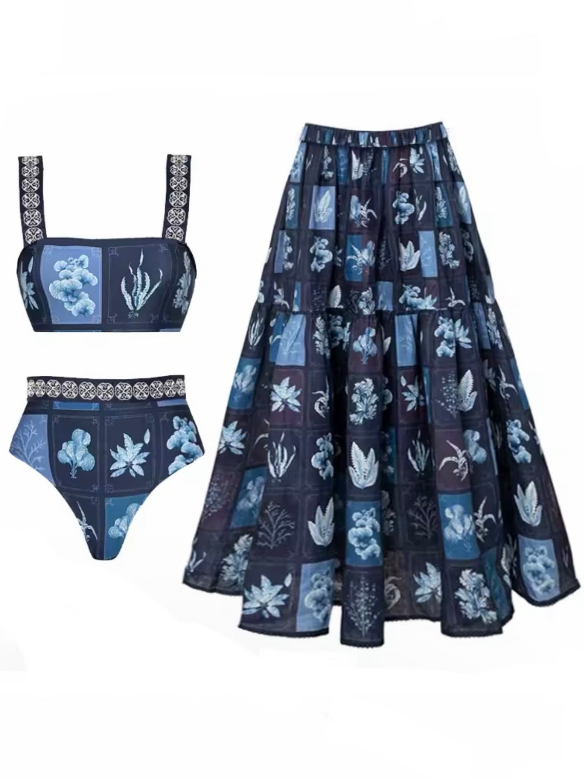 Blue printed fabric set of 2 bikini and maxi skirt