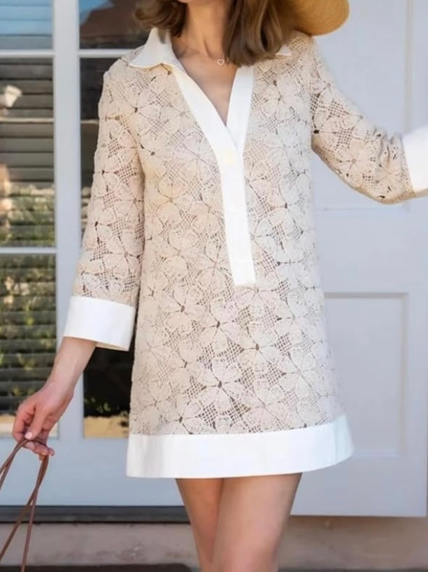 Beige and white knitted crochet long sleeves short mini dress
