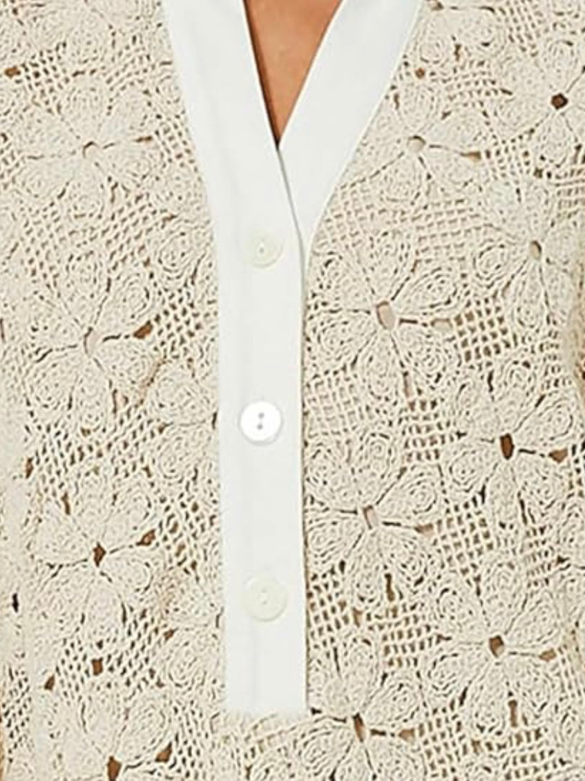 Beige and white knitted crochet long sleeves short mini dress