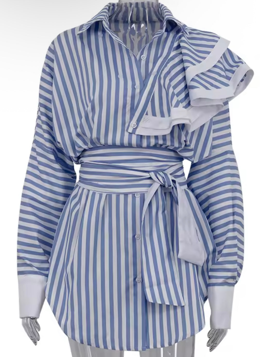 Light blue striped one shoulder ruffled midi dress