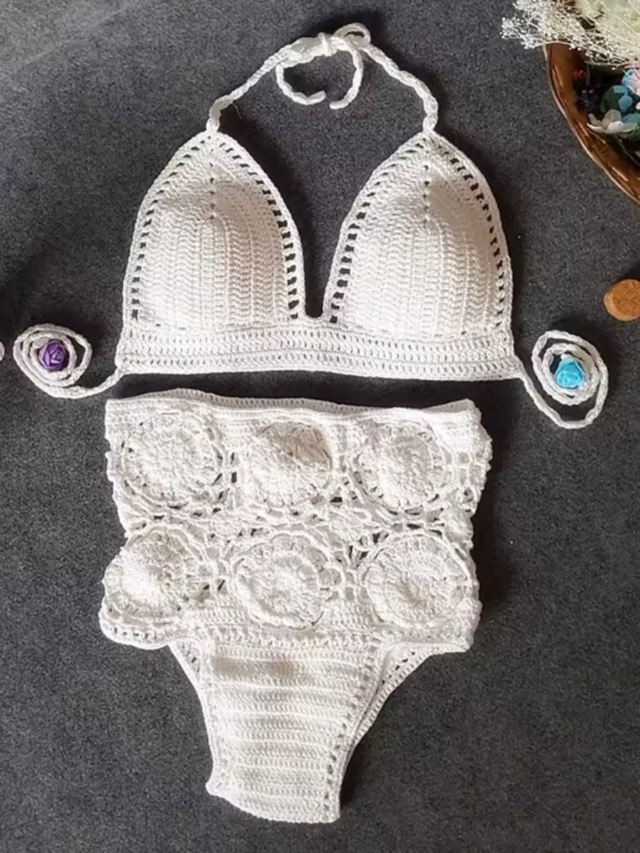 Solid colors crochet straps triangle top and bottom swimwear