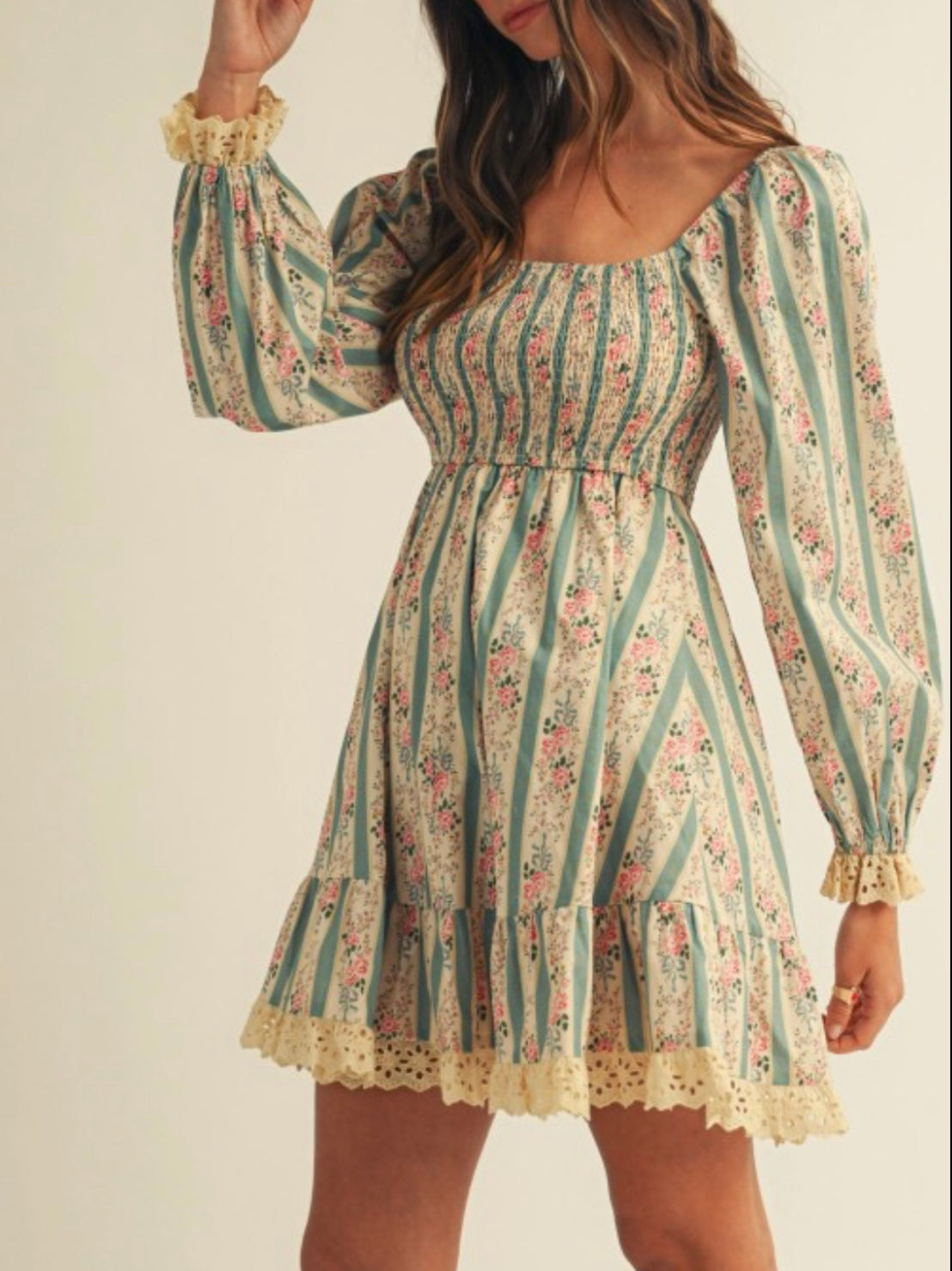 Beige and light blue striped floral printed long sleeves short mini dress