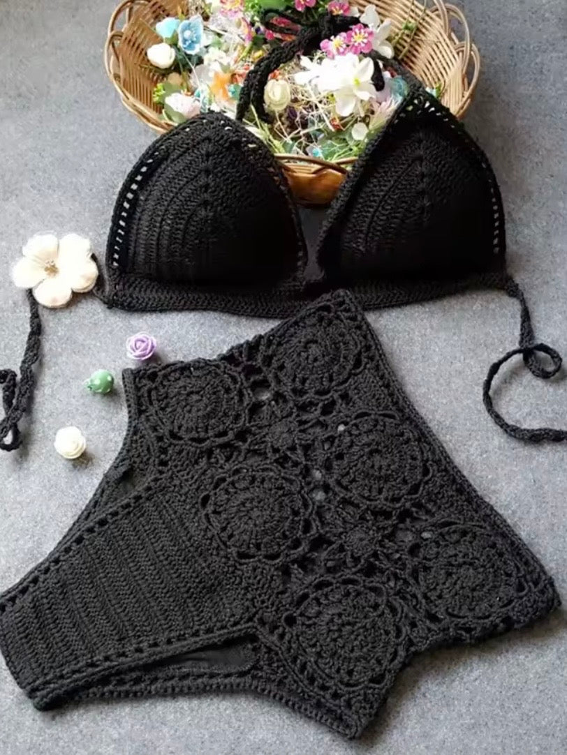 Solid colors crochet straps triangle top and bottom swimwear