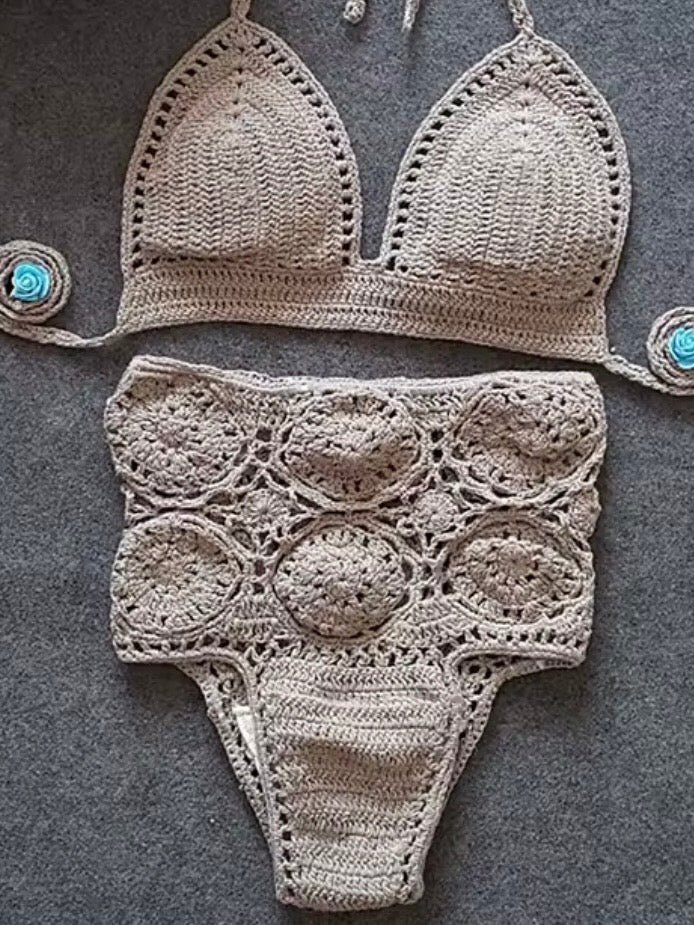 Solid colors crochet straps triangle top and bottom swimwear