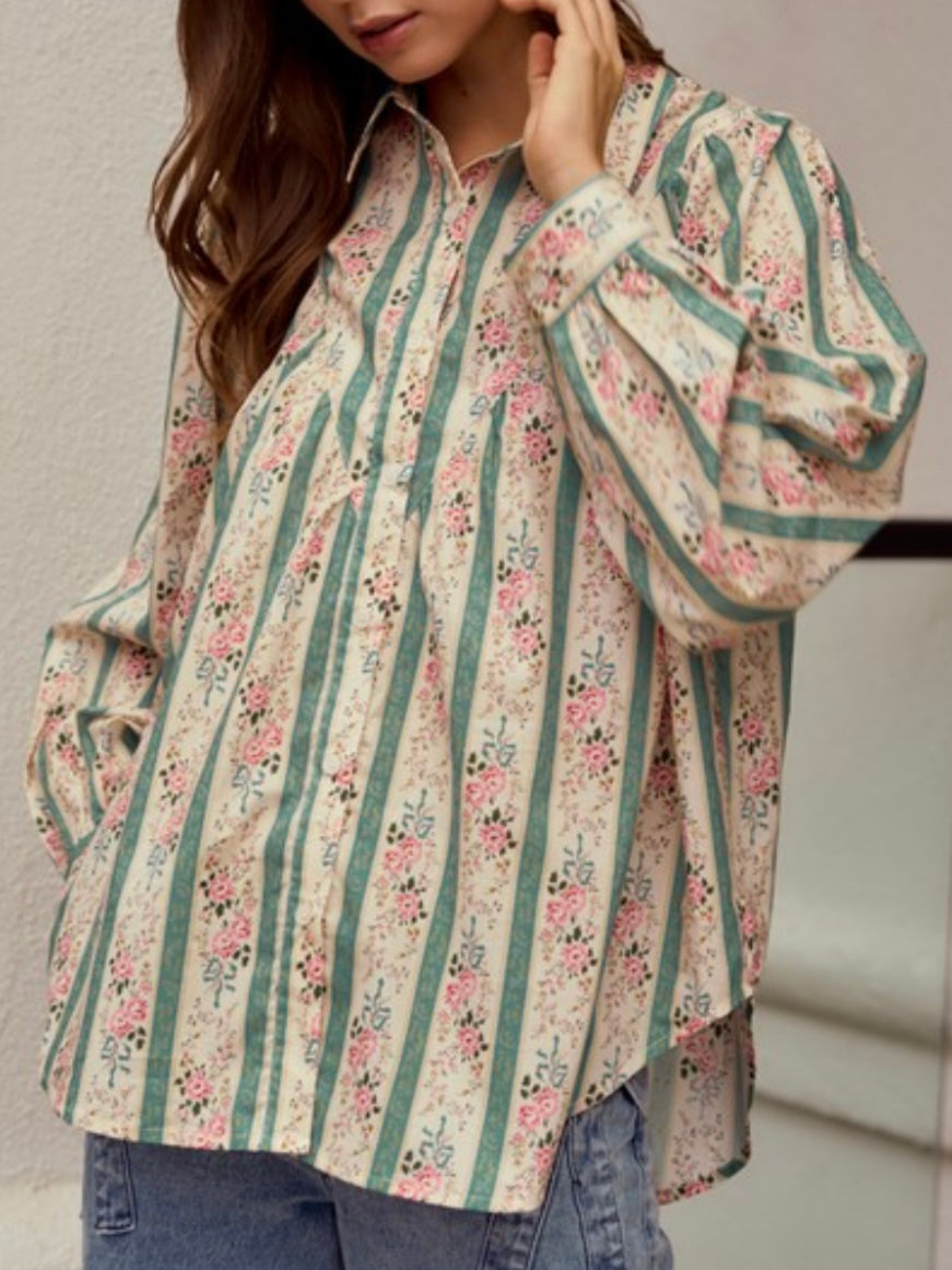 Beige and light blue striped floral printed long sleeves shirt