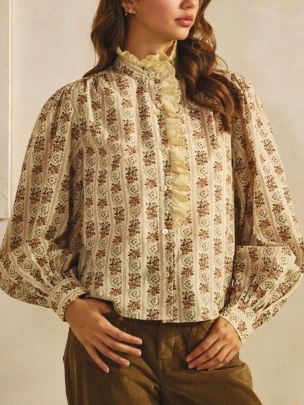 Beige striped floral printed long sleeves shirt