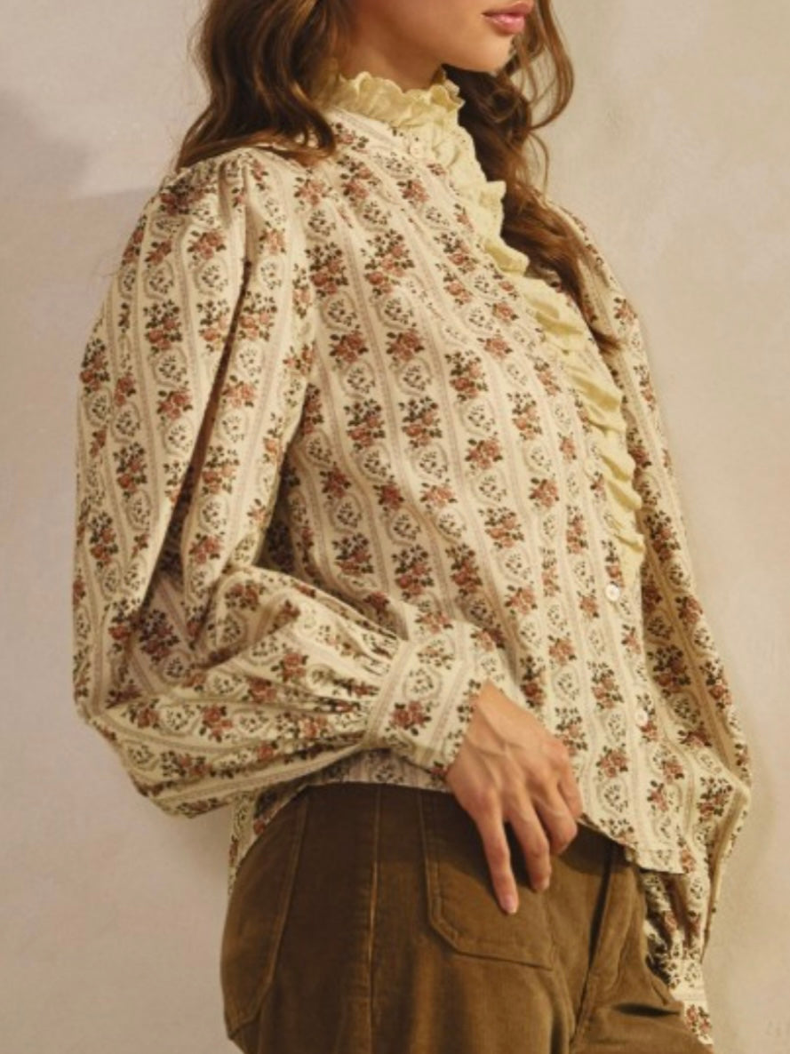 Beige striped floral printed long sleeves shirt