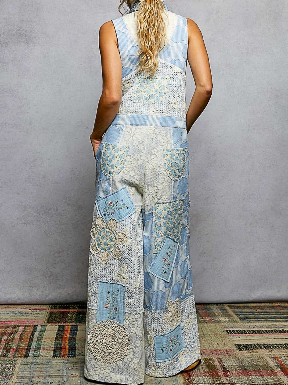 Beige and blue striped floral patchwork crochet jumper